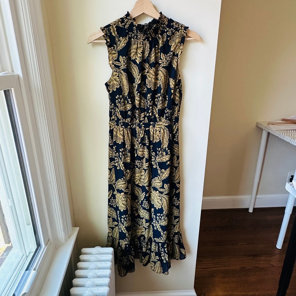 J. Crew Blue Midi Dress with Gold Floral Motif - Picture 2 of 8